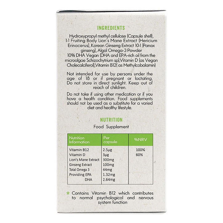 Grass & Co. FOCUS Lion's Mane Mushrooms with Ginseng + Omega-3 60 Vegan Capsules